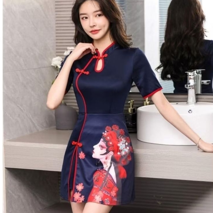 0580 Set2PCS Baju minidresss set celana pendekXISHI CHEONGSAM 2PCS CNY IMLEK Chinese New Year wanita