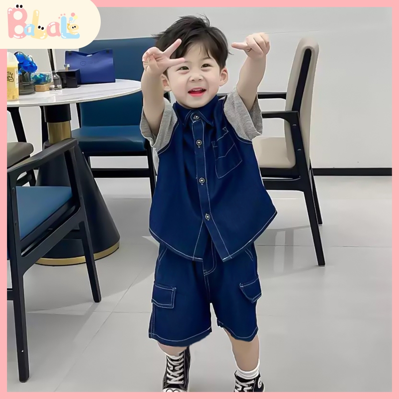 Setelan Anak Laki Laki 2-7 Tahun Baju Kaos Anak dan Celana Jeans Denim Anak laki Laki motif Omy Coco