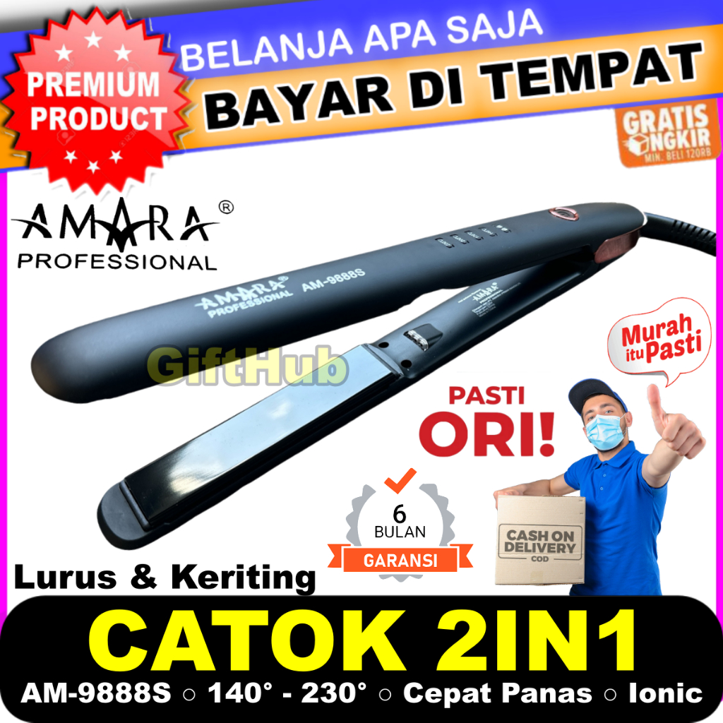 Catok 2in1 Amara Premium AM 9888S Dengan Tourmaline Ionic Technology Hair Styling 2 in 1 Straightene