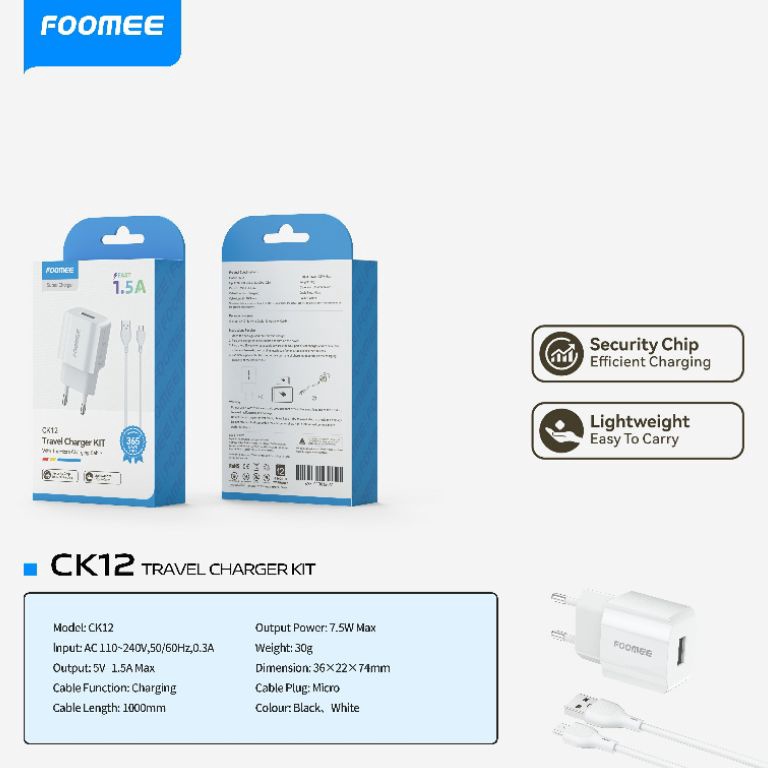 Terbaik FOOMEE CK12  CK12s Charger 1 USB Port 15A  Kabel Data Micro 1M Original Foomee