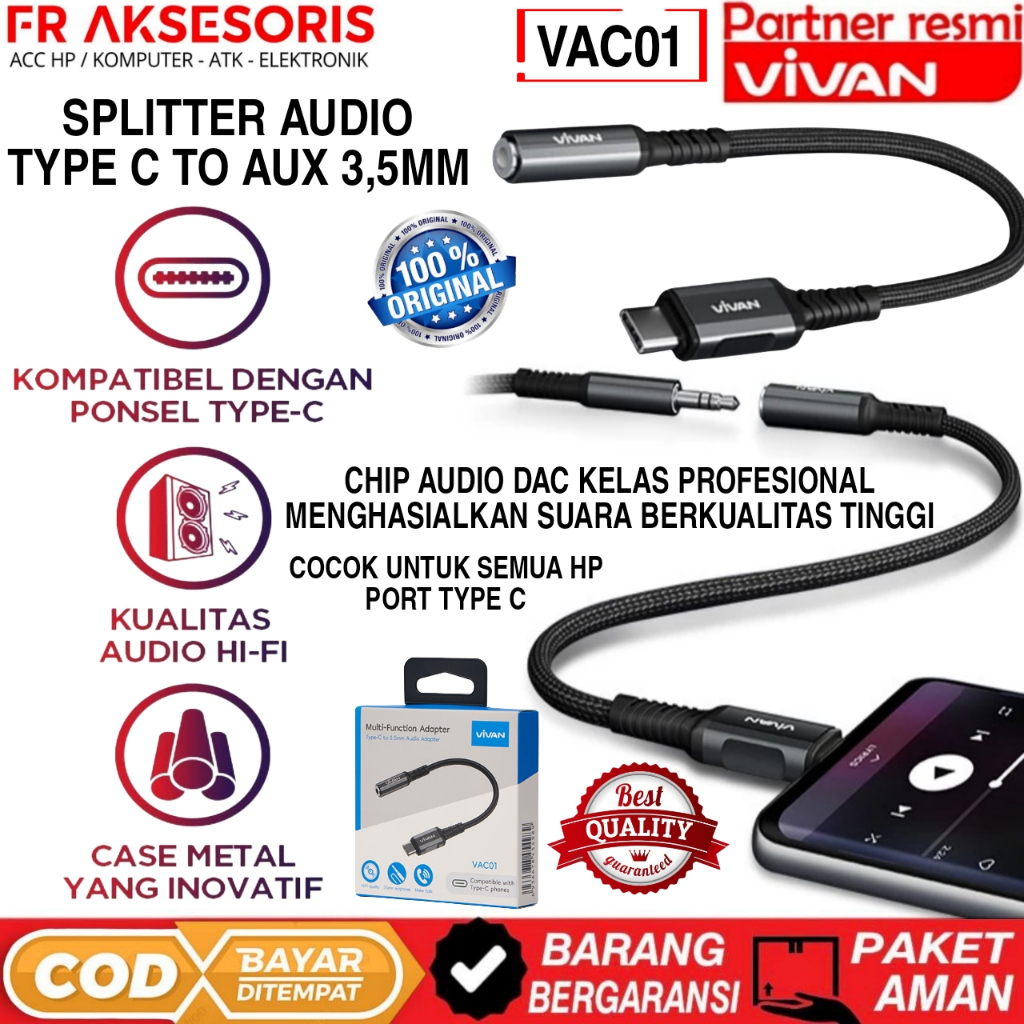 Type C to Audio Jack 3.5 Splitter Audio TYPE C VIVAN VAC01 TYPE C TO AUX 3,5MM Splitter DAC Type C A