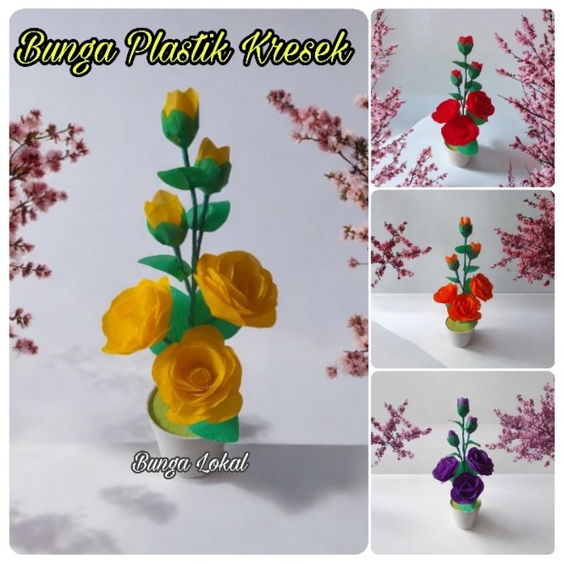 Bunga plastik kresek Mawar Pot Bunga Kerajinan