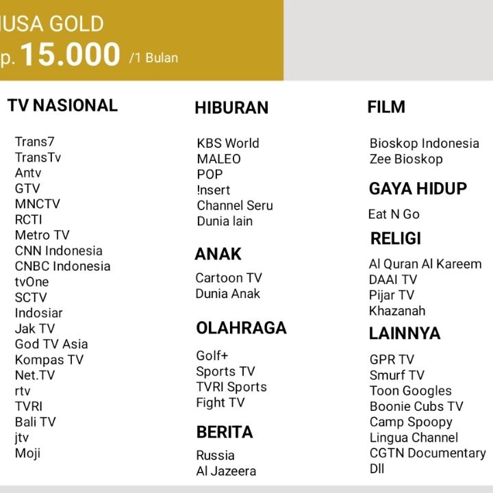 Paket Nusa Gold Transvision Nusantara HD Combo Merdeka dan Samsung HD 3 Hari