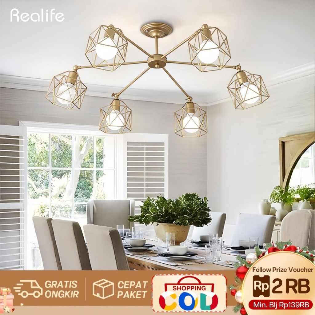 REALIFE Lampu Hias Ruang Tamu Lampu Hias Gantung Retro Industrial Gaya Lampu Plafon Ruang Tamu Dapur