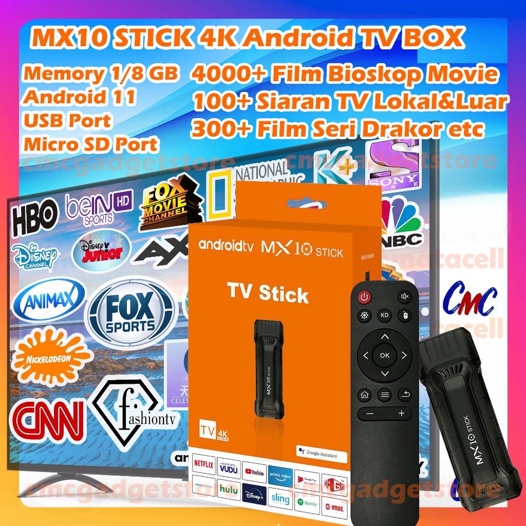 MX10 Stick 4K Android TV Box Full Channel Siaran TV Lokal + Luar Negeri Wifi Bluetooth Smart TV Box 