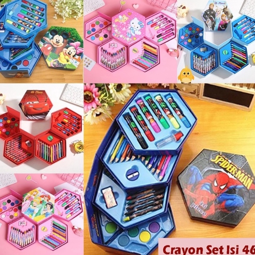 

Ready Menarik CRAYON SET Karakter Box isi 46 Pcs 4 in 1 Alat Set Menggambar Melukis Mewarnai krayon Pensil Warna Spidol Cat Air Alat Gambar Lukis Pastel Anak
