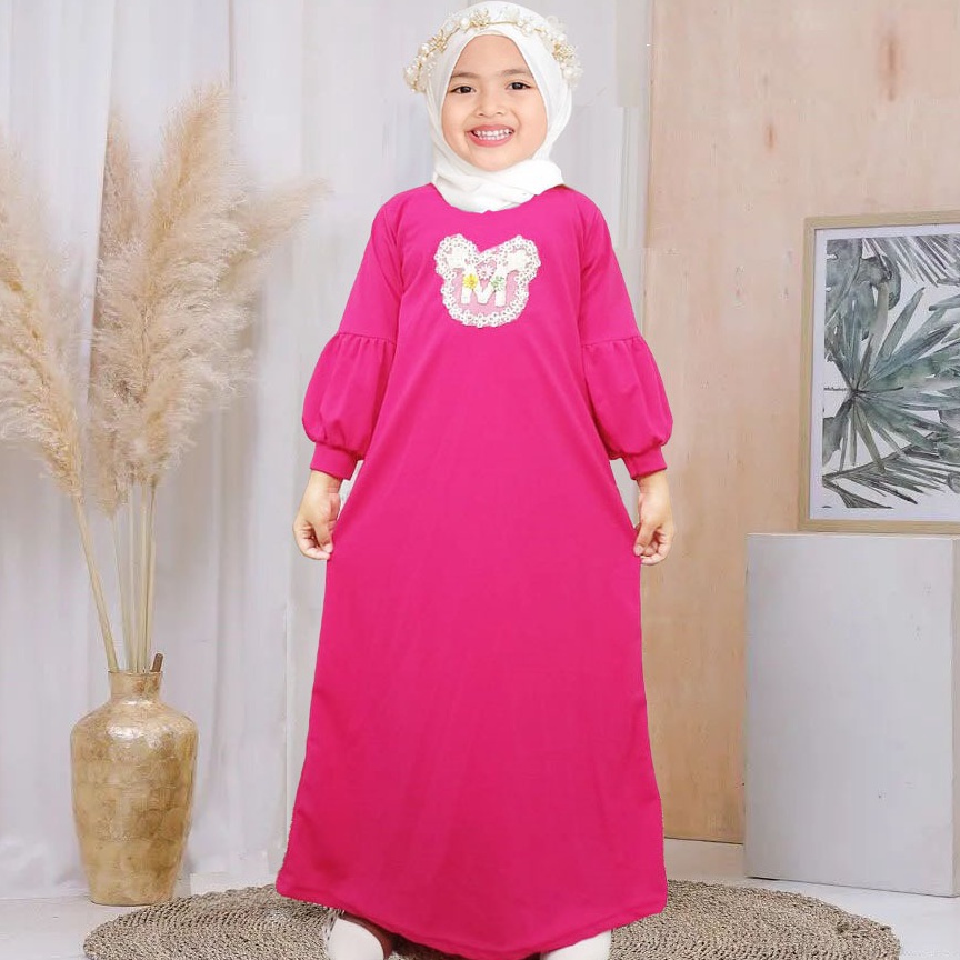 KODE D85D CARLINA Gamis Anak Lucu Tempelan Mickyy Renda Cantik Lengan Terompet Dress Perempuan
