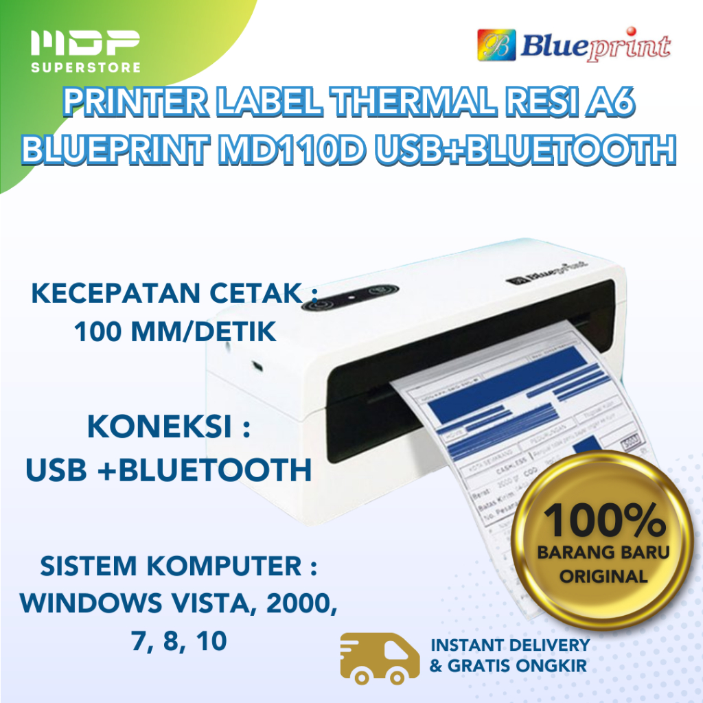 

PRINTER LABEL THERMAL RESI A6 BLUEPRINT MD110D USB+BLUETOOTH