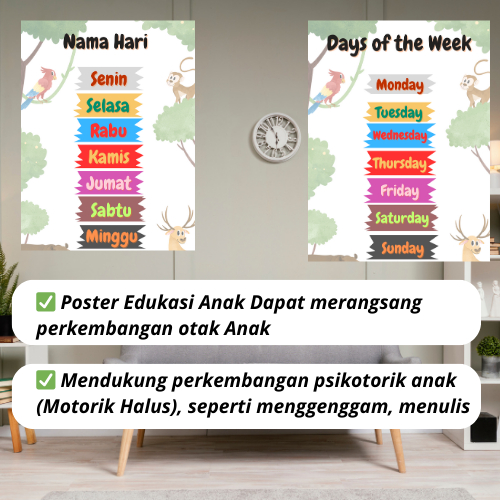 Kiana Creative Produser COD Poster Dinding Anak Paud TK SD Edukasi Belajar Nama Nama Hari A3 Bahan T