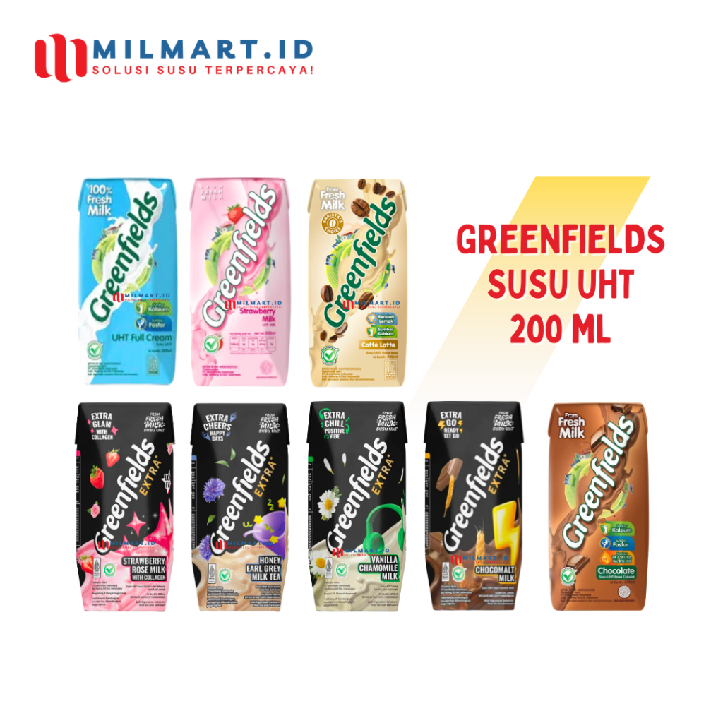 

GREENFIELDS EXTRA 200ML COKLAT/STROBERI/FULL CREAM/VANILA/ HONEY EARL GREY/CHOCOMALT GREENFIELD SUSU UHT CAIR