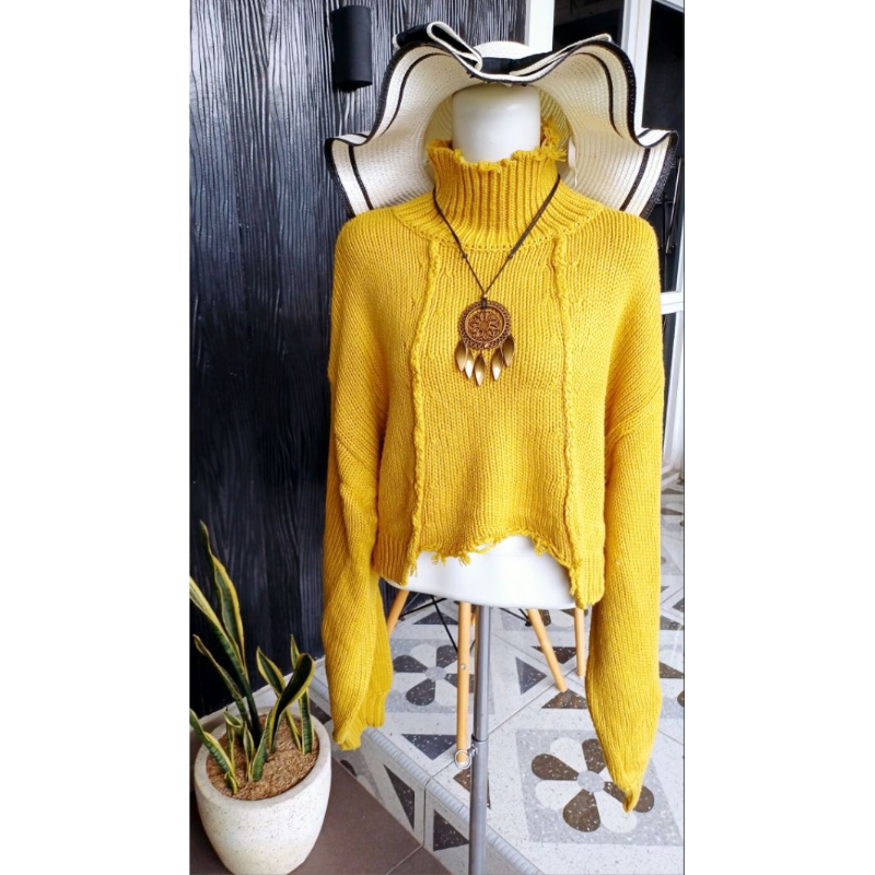 Sweater Rajut Crop Oversize Warna Kuning Mustard Lengan Balon PL
