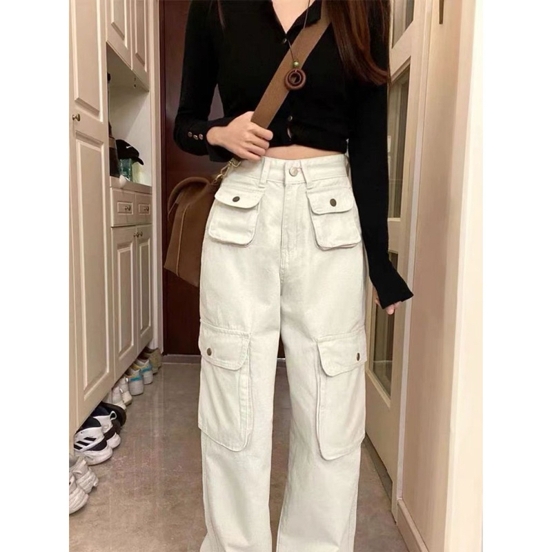 CARGO JEANS WANITA-CARGO DENIM PASIR PUTIH-CARGO JEANS WANITA HIGHWAIST