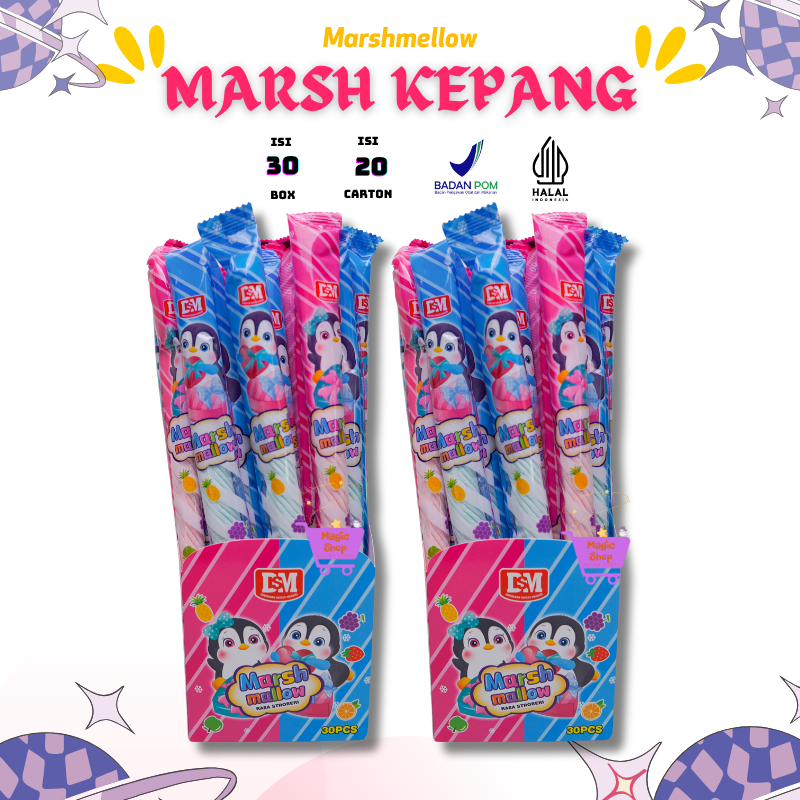 

MARSHMELLOW KEPANG ISI 30 PCS / MARSMELLOW ULIR PINGUIN / PERMEN LUNAK MARSHMALLOW PANJANG KEPANG MOCI CONE HOTDOG