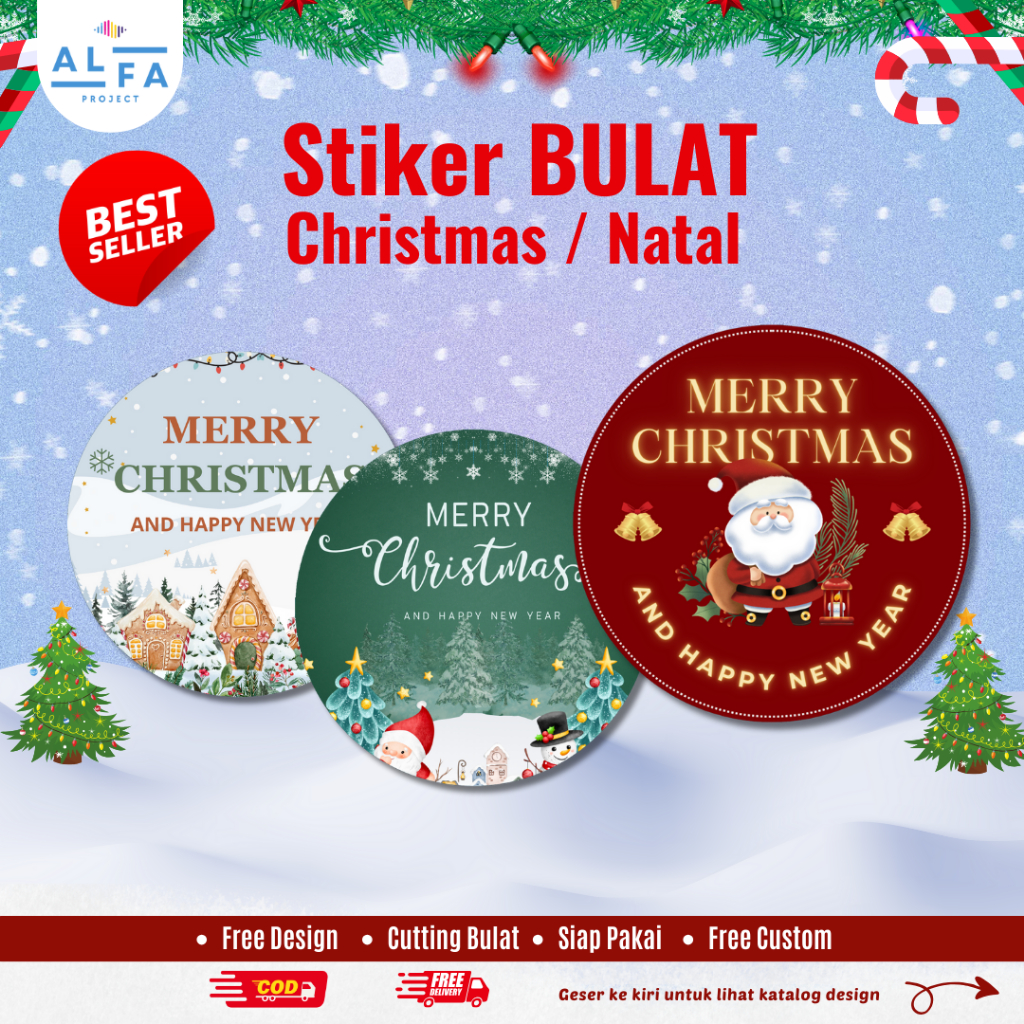 

D74 Sticker bulat christmas custom | Stiker natal label tempel toples natal xmas merry christmas and happy new year bisa cod free cutting bulat