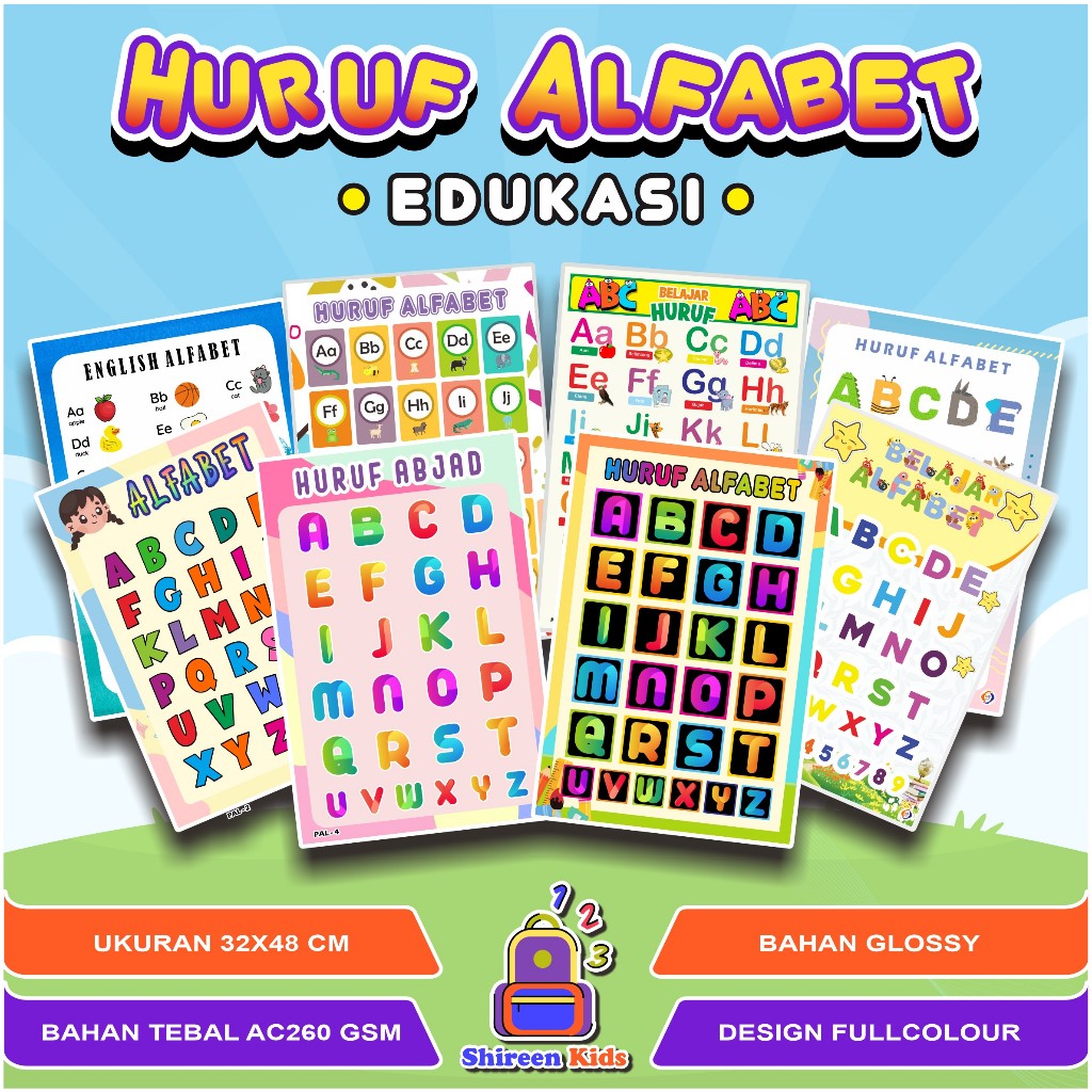 Poster Edukasi HURUF ABJAD ALFABET - Poster Huruf Alfabet -Belajar mengenal HURUF ABJAD ALFABET