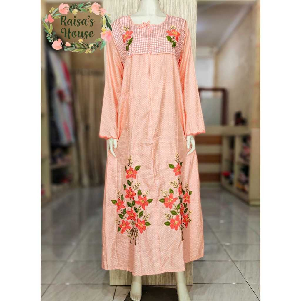 DASTER LONGDRESS BORDIR KHAS MALANG | LENGAN PANJANG | ABSTRAK POLKA - PEACH