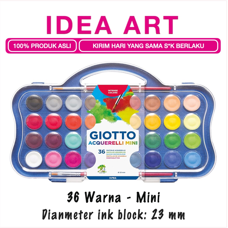 

KODE W94P Giotto Waterlor mini 36 Warna 23 mm Cat Air Anak Non Toxic Gratis Kuas 3527