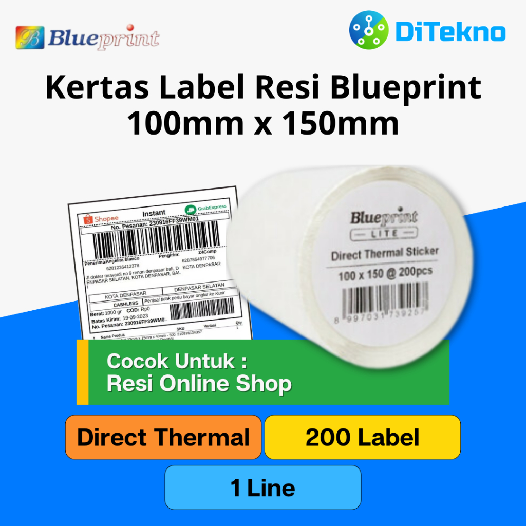 

Blueprint Barcode Direct Thermal 100x150 200 PCS 1 Line Kertas Label Stiker Resi Online