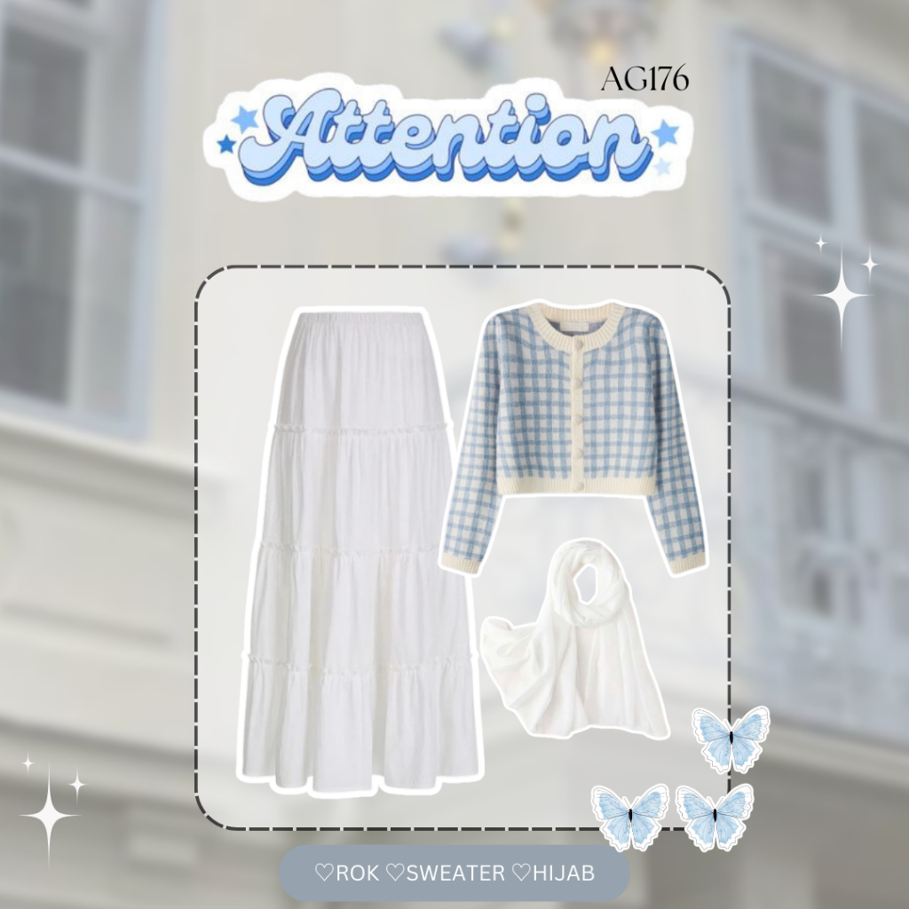 One Set Korean Style Terkini 3in1 OOTD Korean Style Wanita Sweater Korean Blue + Rok Ruffle Putih Ou