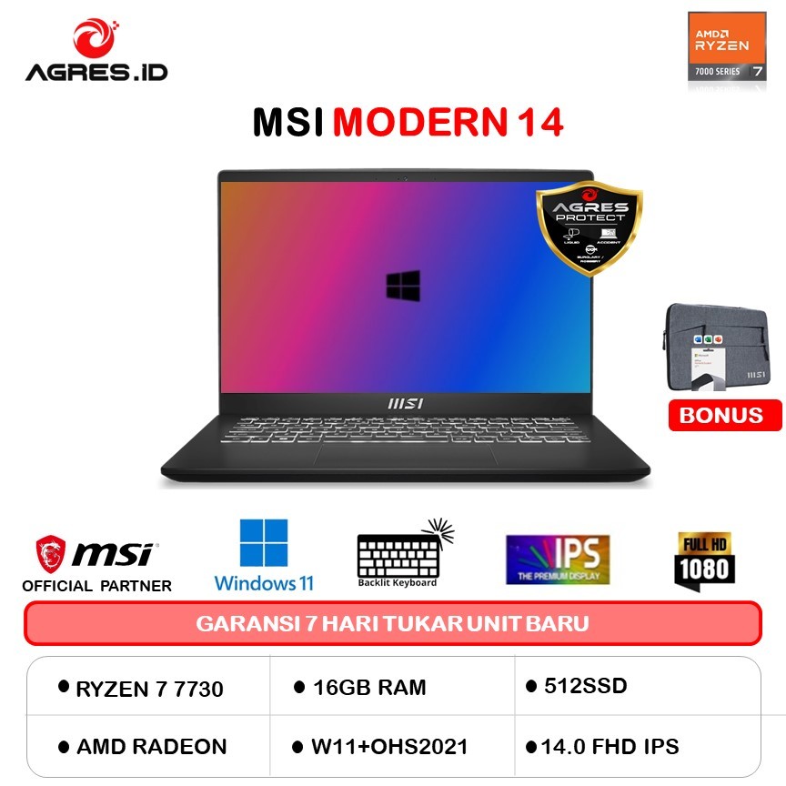 MSI MODERN 14 RYZEN 7 7730 16GB 512GB W11PRO+OHS 14.0FHD IPS BLIT 2Y BLK -C7M.225