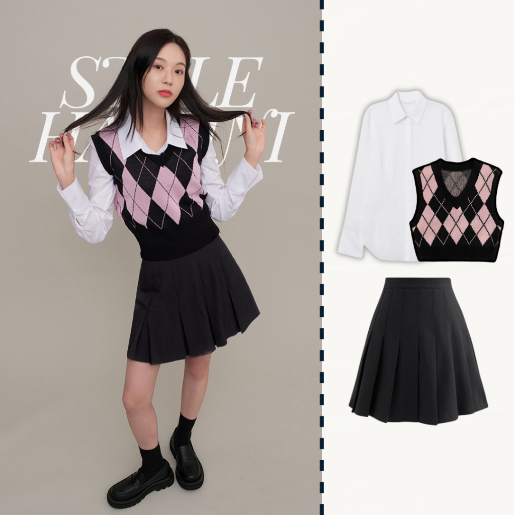 One Set Wanita Kekinian Vest Rajut Kemeja Rok Korean Style 3in1 Outfit School Girl Korea OOTD SH1Q