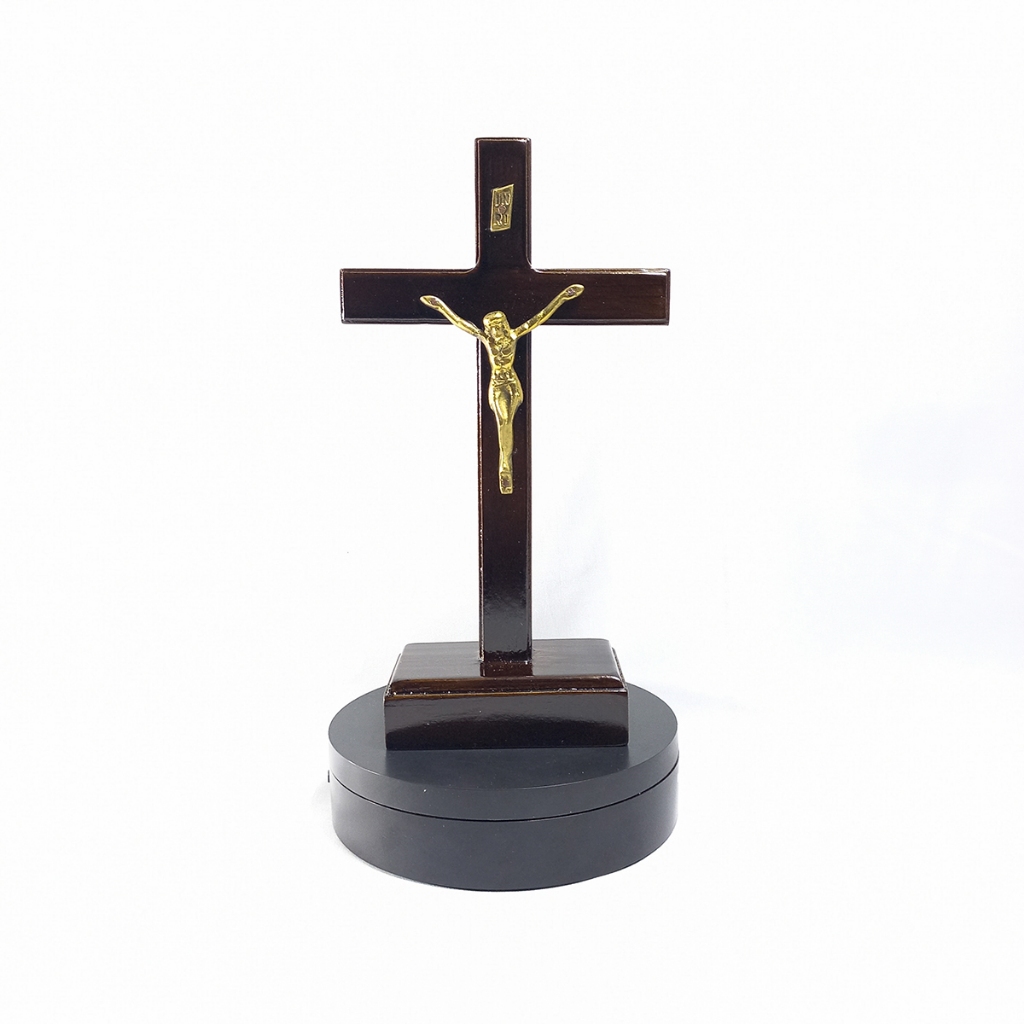 (SDKK 20 cm - CKT) Salib Duduk Korpus Kuningan 20 cm/Salib Meja Katolik/Salib Kayu Jati Korpus Kunin