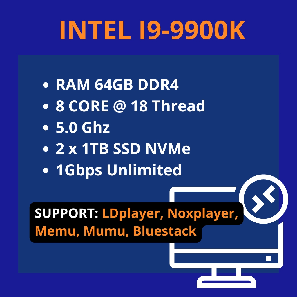 RDP intel core i9-9900K RAM 64GB 8 CORE Super Dedicated Server