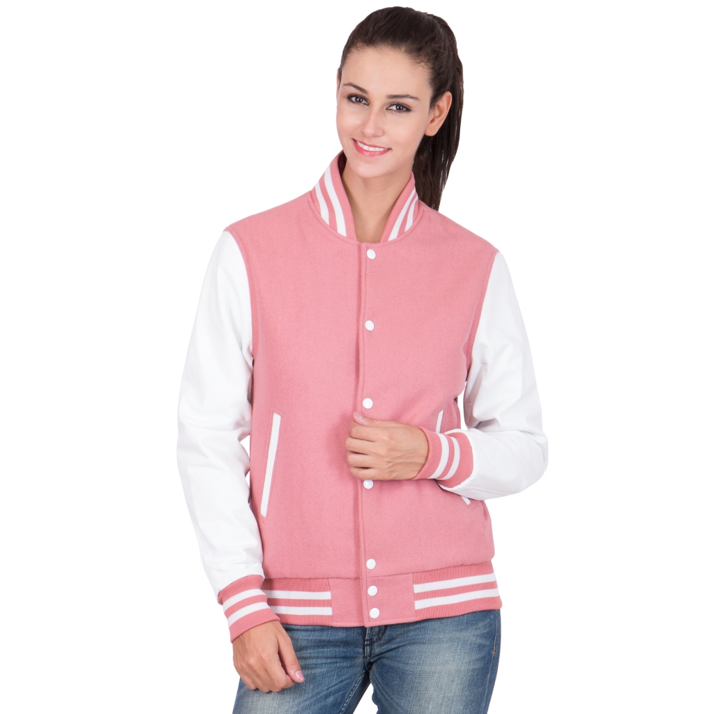HANASA Jacket Varsity Kancing Wanita Pink Unisex Bomber Baseball
