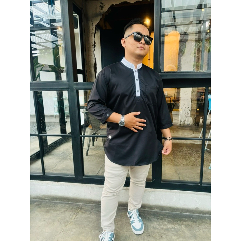 Koko Kirta Pakistan Lengan 3/4 Bahan Toyobo Premium Warna hitam, Koko Pria Dewasa Muslim, Koko Kemej