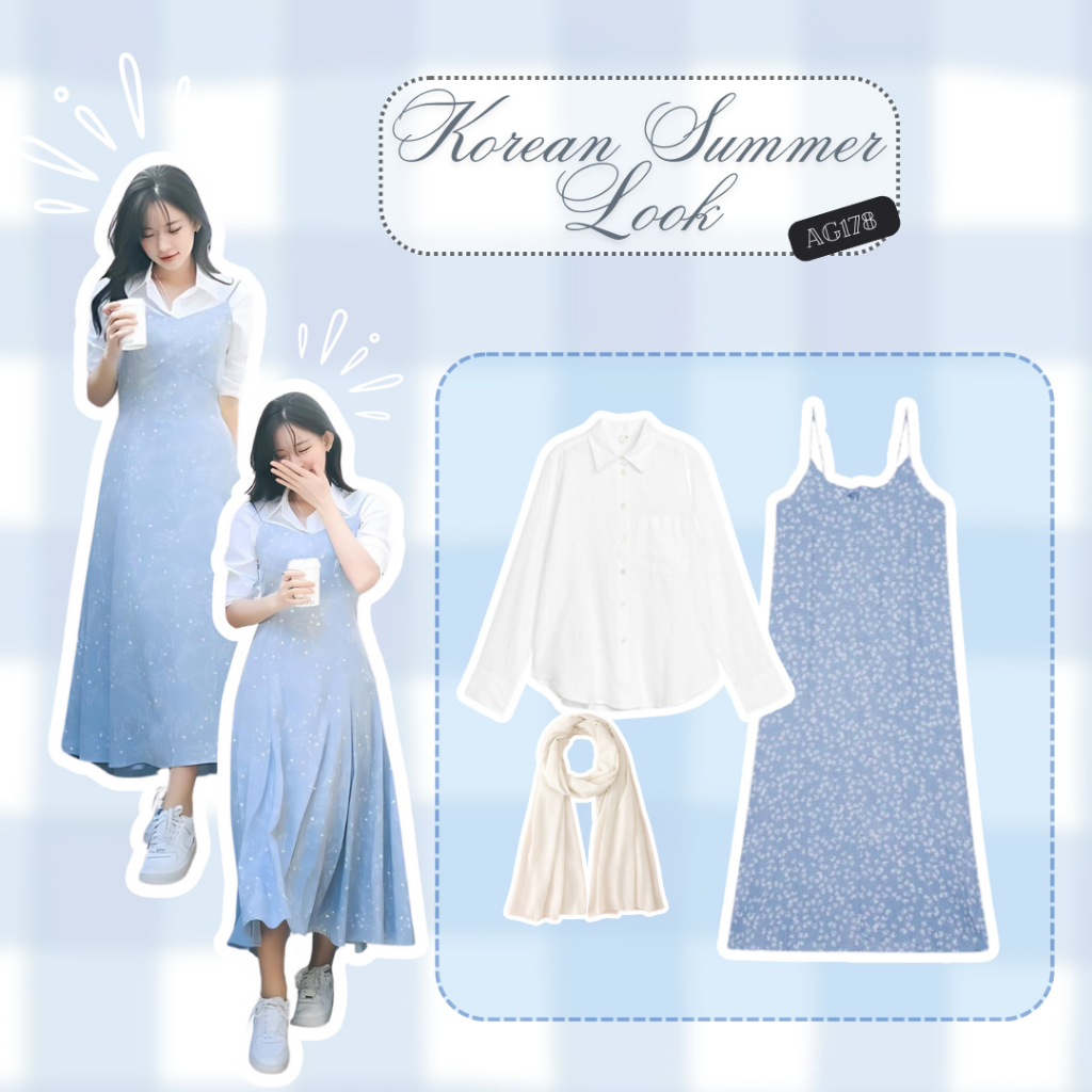 OOTD Korean Style Wanita Kekinian One Set 3in1 Korean Style Kemeja Putih + Long dress Floral Biru + 
