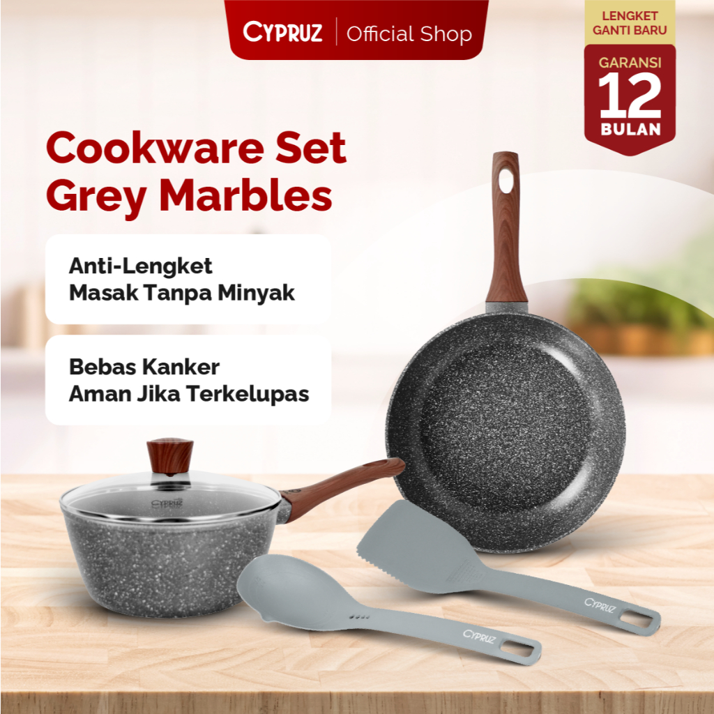 Cypruz Cookware Set Grey Marble Series Panci Set Anti Lengket Premium 5 Pcs