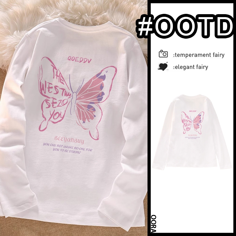OORA Kaos Wanita Putih Oversize Lengan Panjang Cute Pink Butterfly Korean Style/Kaos Polos Lengan Pa