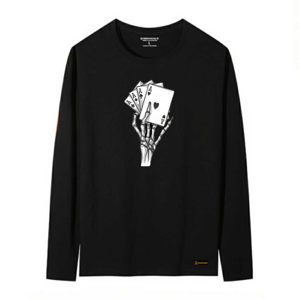 Quinshanum.ID Kaos T-Shirt Pria Lengan Panjang Jari Kartu - Cotton Combed Black