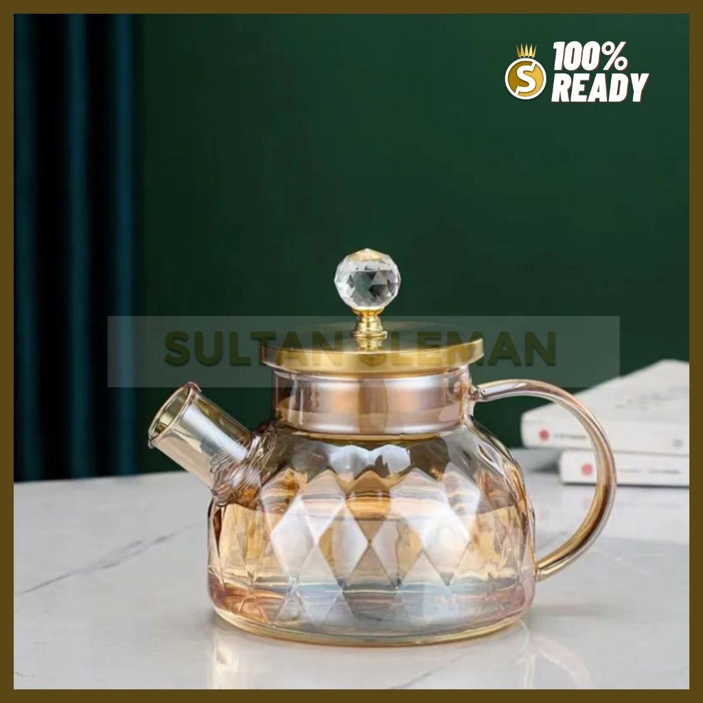 Teko Teh Retro / Teko Geometris Kaca Estetik / Teko Teh Kaca Saringan Tahan Panas Aesthetic Teapot