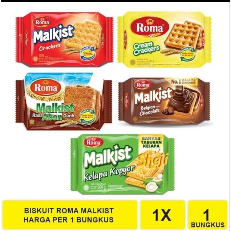 

1 bks biskuit roma malkist crackers gula - abon - coklat - keju - kopyor 105 gr