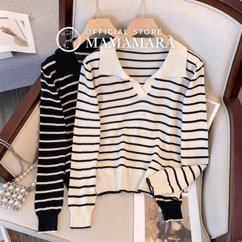 MAMAMARA - Knitwear Sweater Crop Top Rajut Bergaris Lengan Panjang Putih Wanita Atasan Motif Garis C