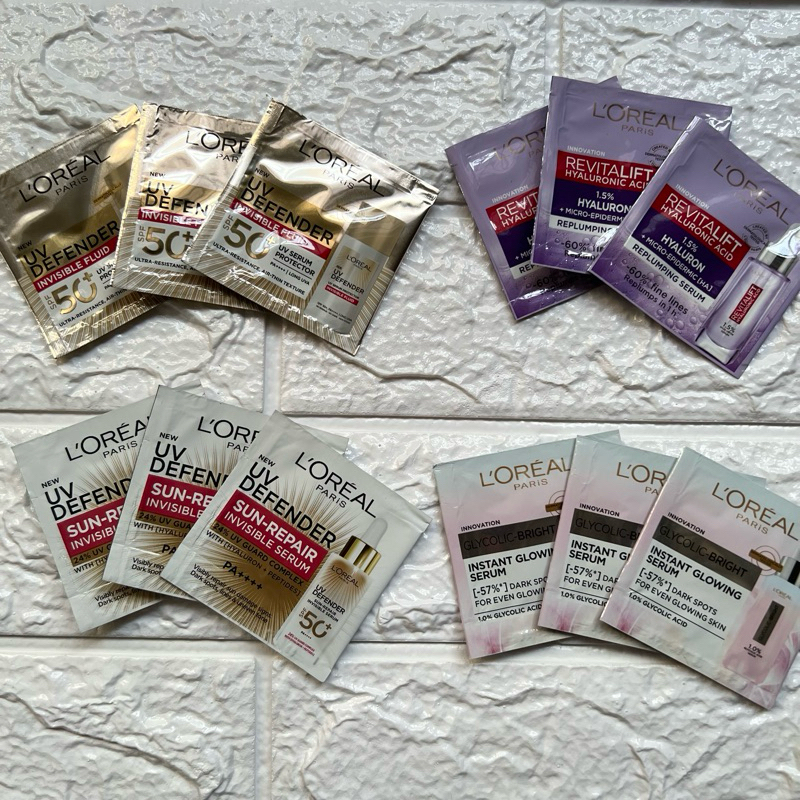 Loreal Paris Sample Sachet 1.5ml Glycolic Serum UV Defender Fluid Revitalift Hyaluronic Acid