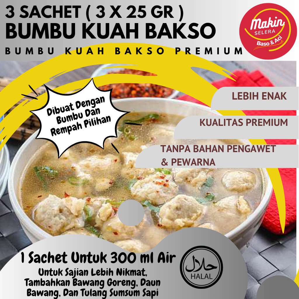 

3 Sachet Bumbu Kuah Bakso 25 gr ( Untuk 3 x 250 ml Air ) utk Bakso Daging Dan Ayam COD Makin Selera