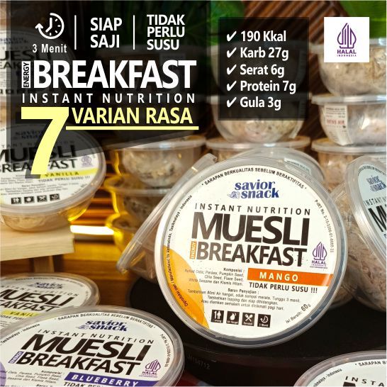 

MUESLI SAVIOR SNACK Tidak Perlu Susu 7 Varian Rasa Makanan Siap Saji Sarapan Sehat Rendah Kalori