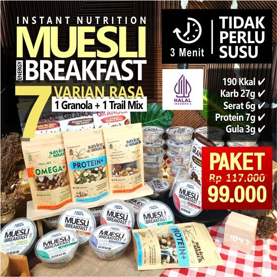

PAKET MUESLI 7 Rasa 1 Granola 1 Trail Mix Makanan Siap Saji SAVIOR SNACK Total 640gr