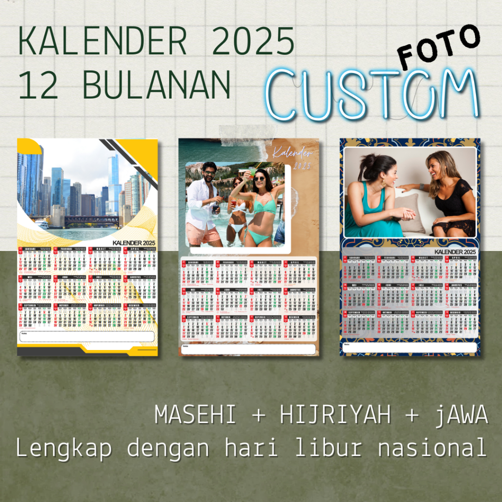

KALENDER DINDING 2025 CUSTOM FOTO [12 BULANAN] - FREE LUBANG - MESEHI+HIJRIYAH+JAWA