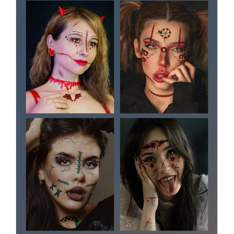 Stiker tato temporer muka/tato muka halloween/taro temporer wajah cosplay skull/tato luka scar