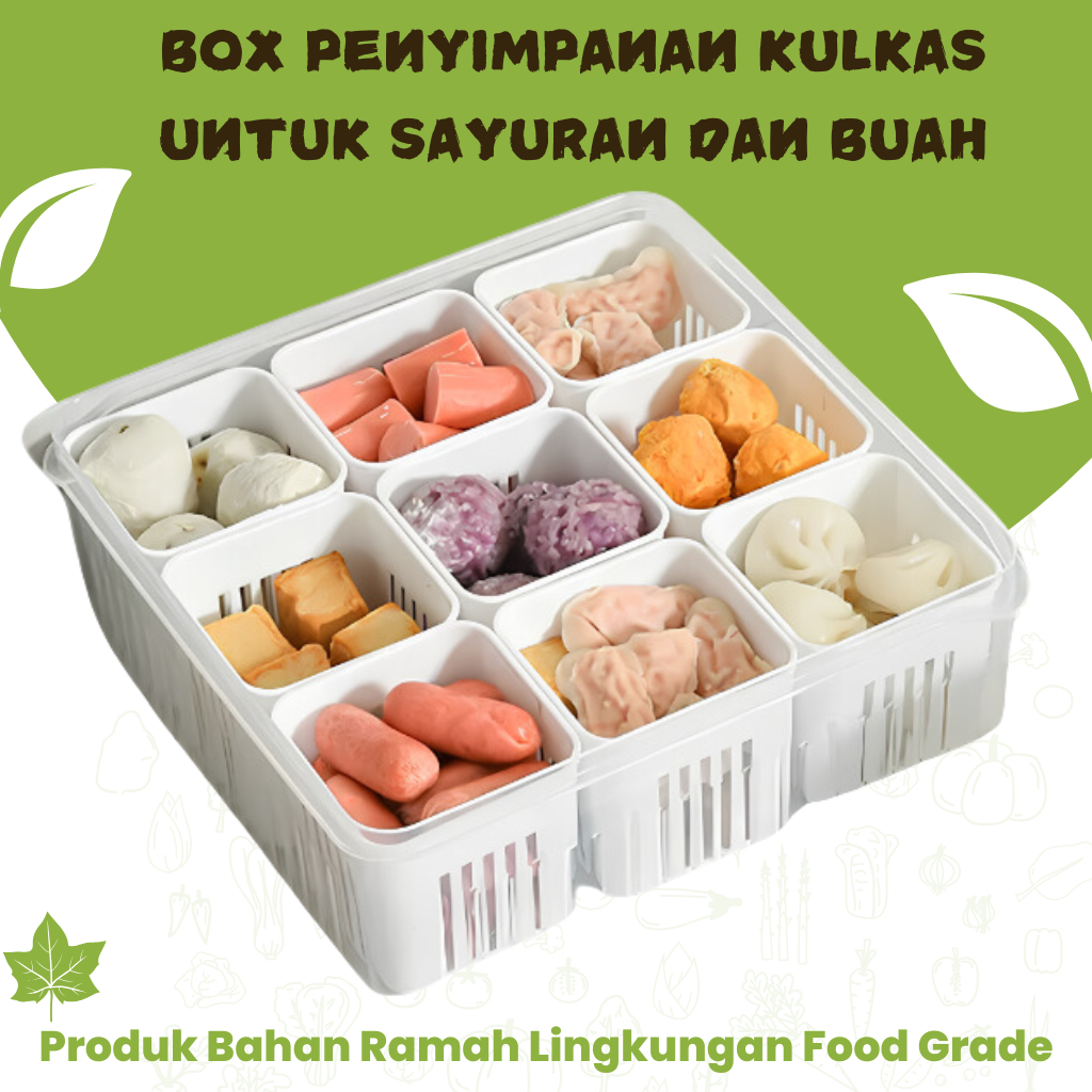 Kotak Penyimpanan Sayur Cabe Kontainer Kulkas dengan Saringan Wadah Penyimpanan Kulkas 9 Sekat