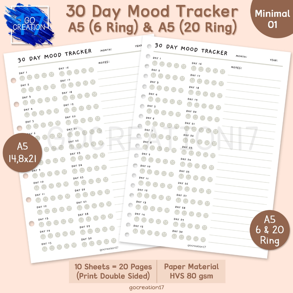 

Buku Planner Kertas Isi Binder 30 Day Mood Tracker Simple Minimalis A5