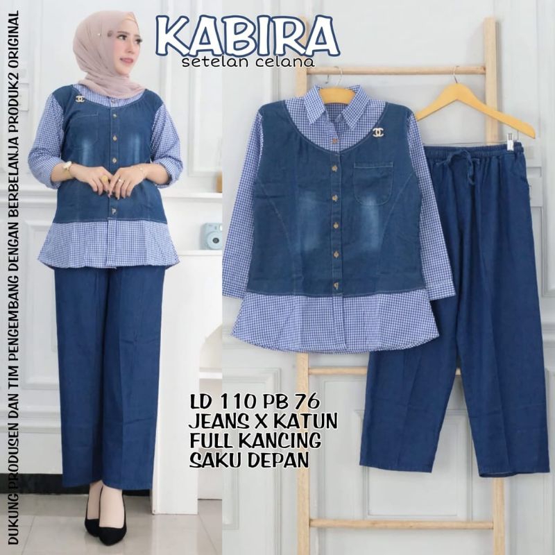 Kabira Set Jeans | Kemeja kotak set Kulot | Set Jeans Jumbo | Setelan Jeans untuk BB 45 - 100 KG