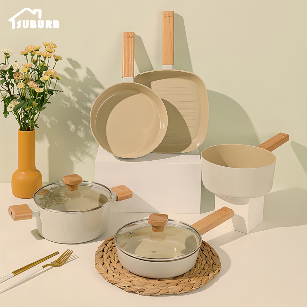 SUBURB Set Peralatan Masak Keramik Antilengket Panci Panci Wajan Penggorengan Panci Sup Panci Susu W