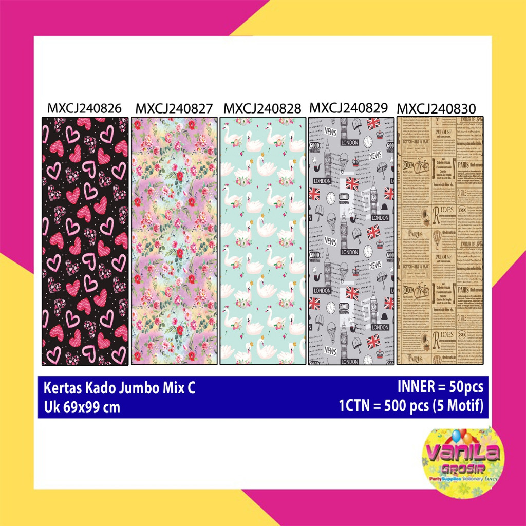 (1Pcs) Kertas Kado Jumbo MIX C, kertas kado jumbo mix, kertas kado motif mix, kertas kado ulangtahun