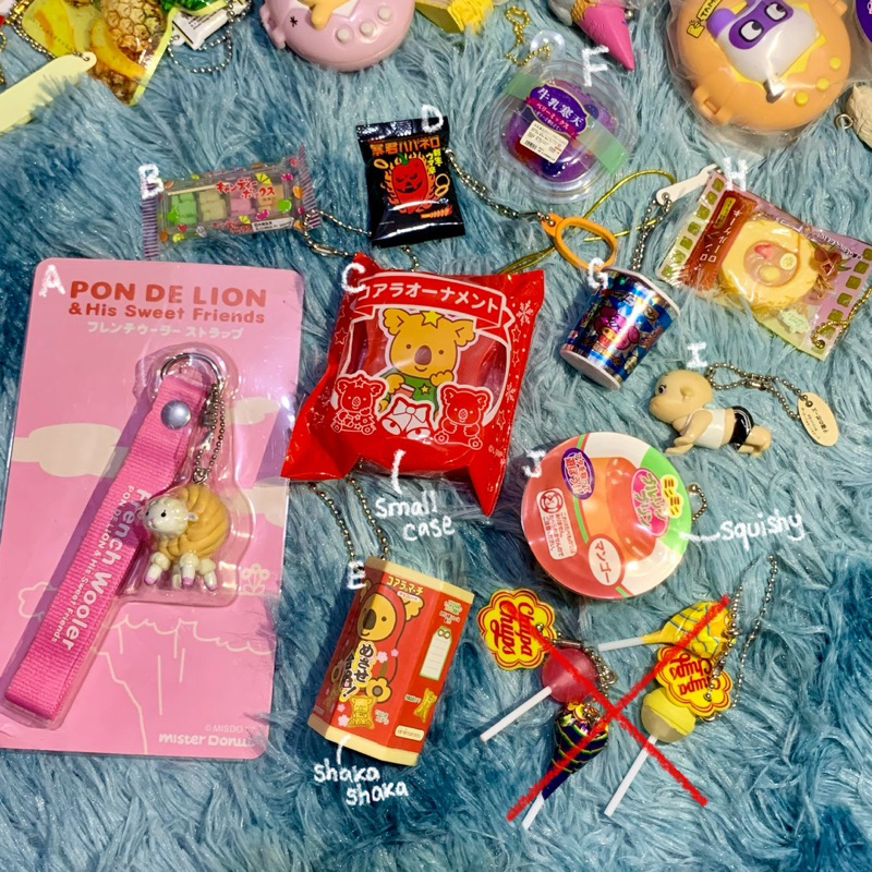various trinkets, japanese gotochi, food gacha keychain, kewpie straps