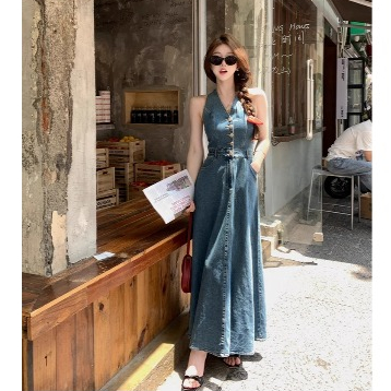 Dress Denim Premium Import Korea Gaun panjang Jeans Tanpa Lengan V Neck Realpict