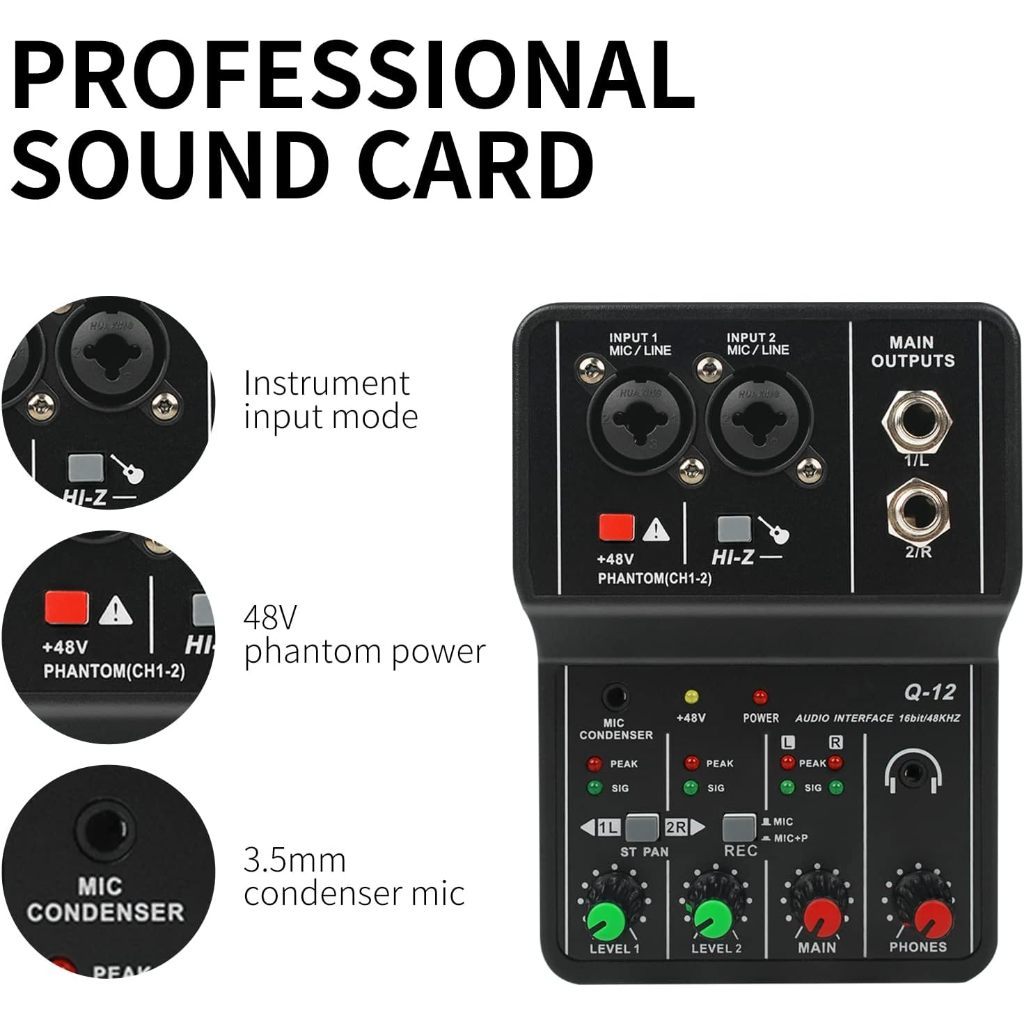Portable Audio Interface Teyun Q12 Professional Mini External Sound Card Mixer 48V Computer Guitar